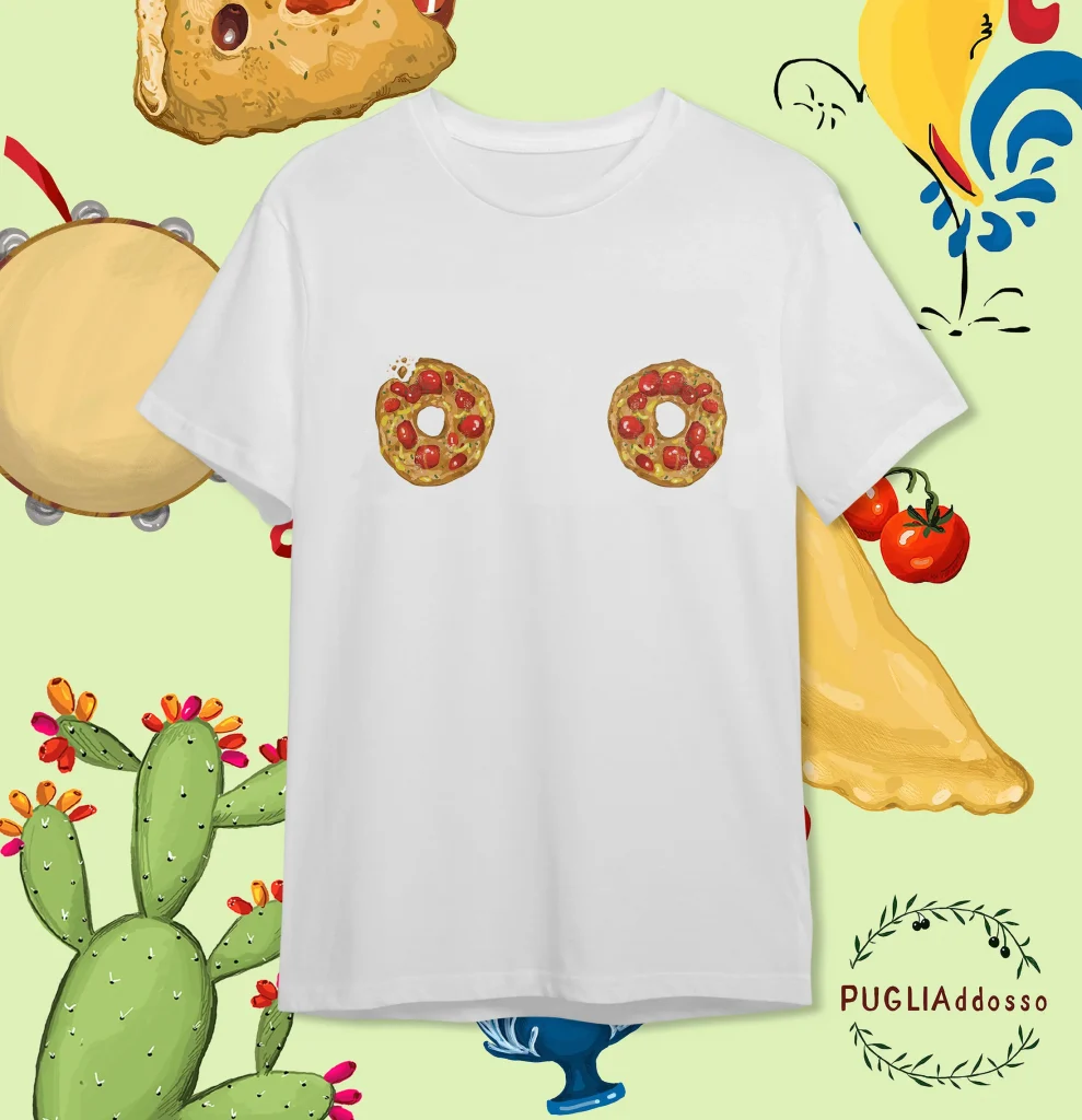Idee regalo di Natale a tema Puglia. La t-shirt di Pugliaddosso con friselle.