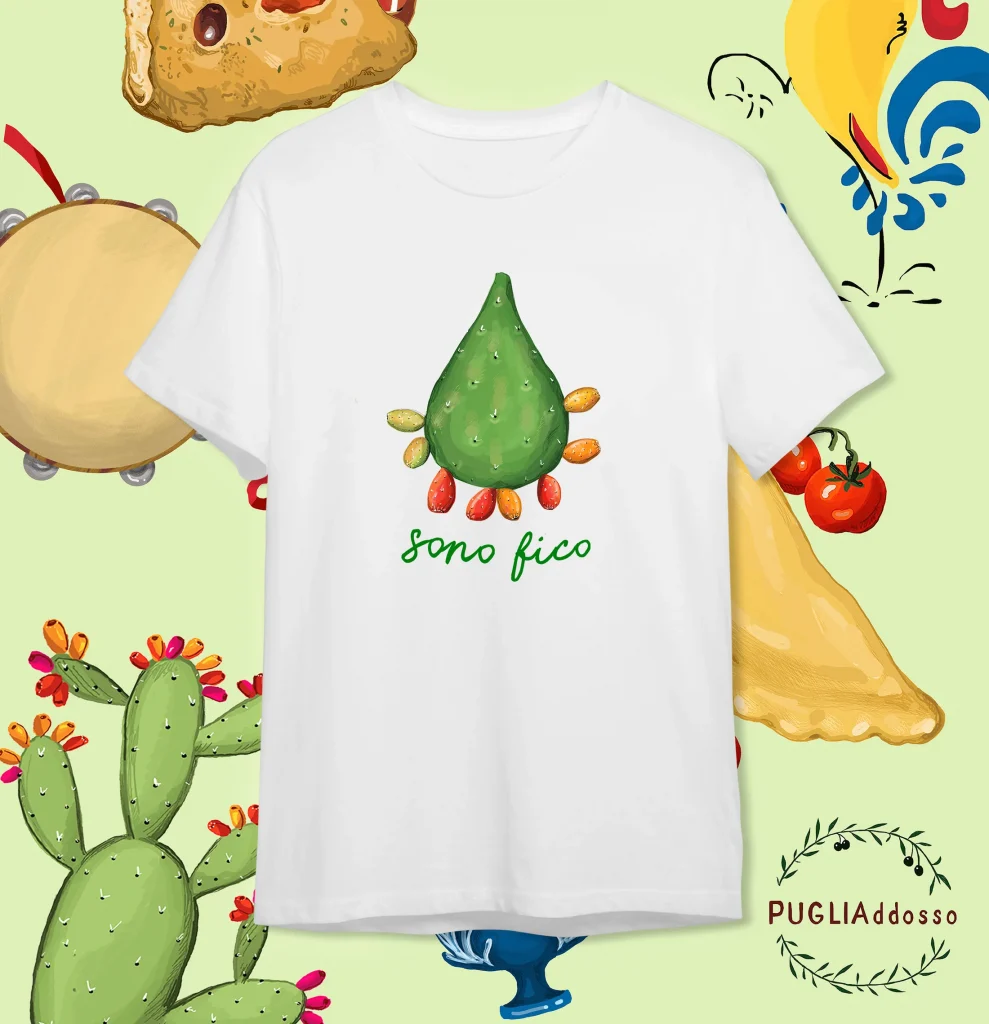 Idee regalo di Natale a tema Puglia. La t-shirt di Pugliaddosso con fico e scritta "sono fico".